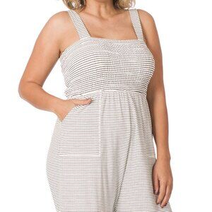 Zenana Plus Smocked Top 3X Striped Romper Shorts with Pockets in Ivory & Black